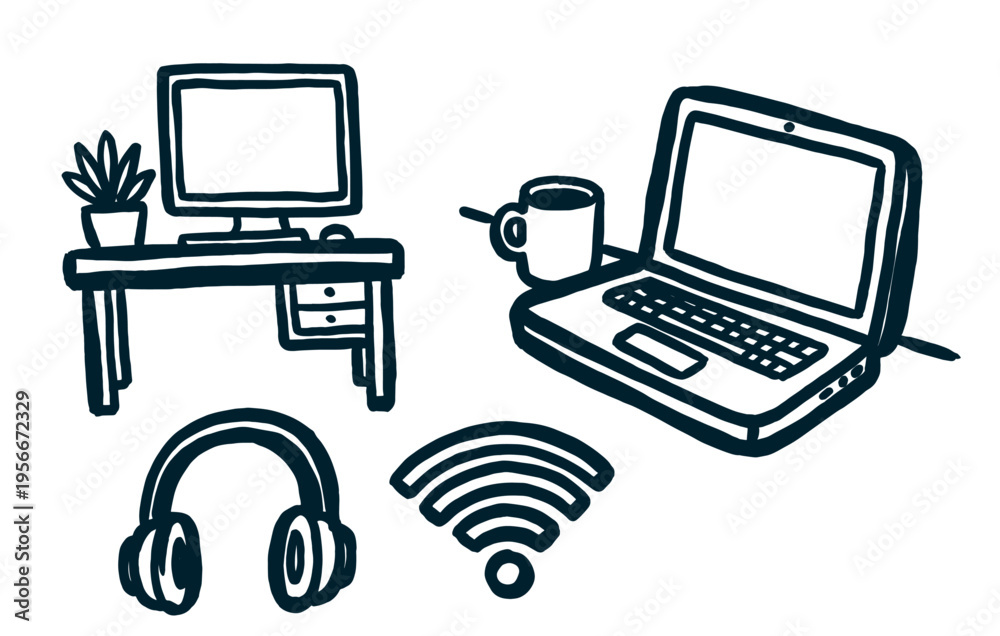 Fototapeta premium Remote work desk and laptop technology elements in sketchy doodle art