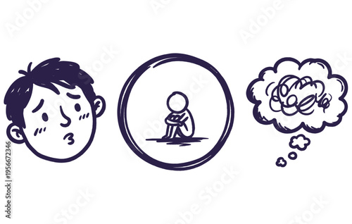Sadness and anxiety doodle set with man sitting and thought bubble