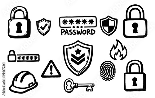 Security icons lock shield password warning key fingerprint safety protection