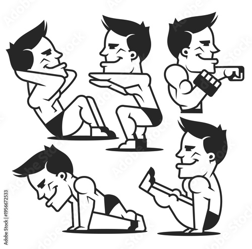 Weightlifting silhouettes set, men bodybuilding, lifting barbells and dumbbells, crossfit and strength training exercises, fitness workout isolated on white background.