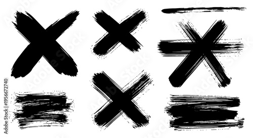 Black brush stroke X marks and lines.