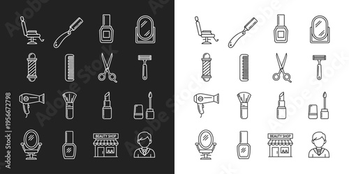 Beauty shop linear icons set. cosmetic products and barber accessories outline style
