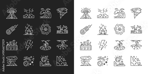 Natural disaster thin line icons set, emergency outline vector illustrations