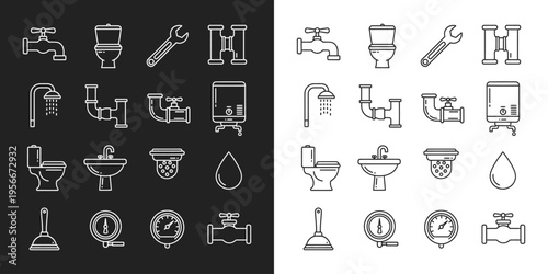 Plumbing and sanitary engineering linear icons set. bathroom equipment tools