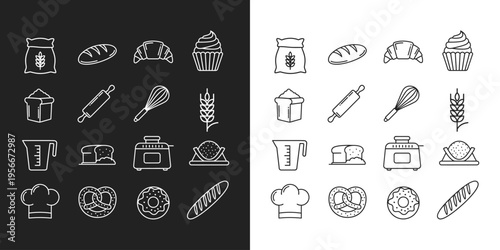Bakery linear icons set. flour sack and bread, croissant and cupcake, toaster