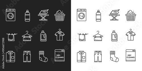 Laundry linear icons set. washing machine and detergent, iron, laundry basket