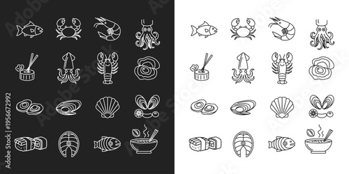 Seafood linear icons set. fish and crab, shrimp and octopus. squid and lobster