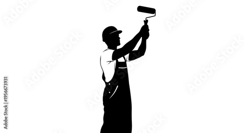 Man painting wall with roller silhouette of worker in apron applying color