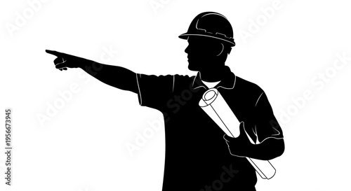 Construction worker pointing with blueprints in hand wearing hard hat silhouette