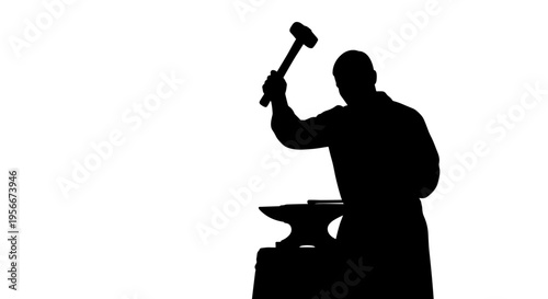 Blacksmith working at an anvil with a hammer in a workshop setting