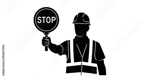 Construction worker holding stop sign in hand for traffic control and road safety