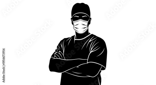 Man wearing a face mask and cap with arms crossed in black and white illustration