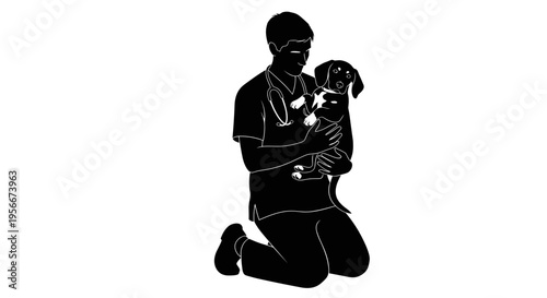 Man kneeling with cute dog black silhouette white background affectionate moment