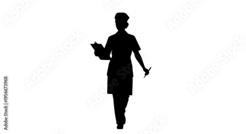 Silhouette of a woman walking with a tablet and stylus in hand on white background