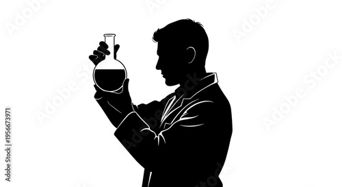 Scientist in lab coat examining a flask with a liquid sample in a dark setting