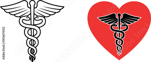 Caduceus Medical Symbol with Heart Healthcare Icon Line and Filled DesignCaduceus Medical Symbol with Heart Healthcare Icon Line and Filled Design