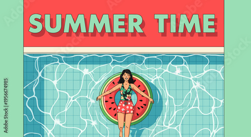 Summer Time Pool Party Banner with Watermelon Float  Advertising Design