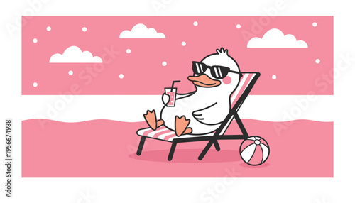 Cute Duck Relaxing on Beach Chair with Drink Summer Vacation Illustration