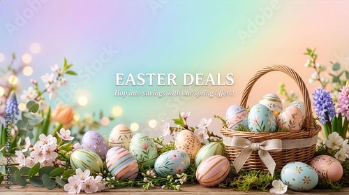 Colorful easter eggs in a wicker basket surrounded by flowers on a pastel rainbow background with greenery and bokeh lights