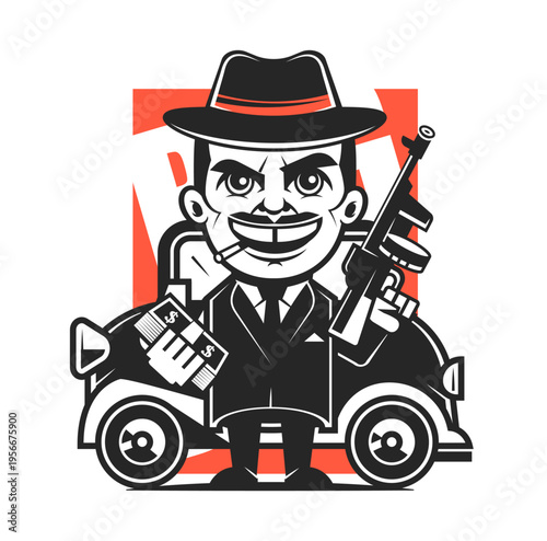 Classic tuning car with big wheels, power motor and low cars compilation. American gangsta style black white flat vector design.