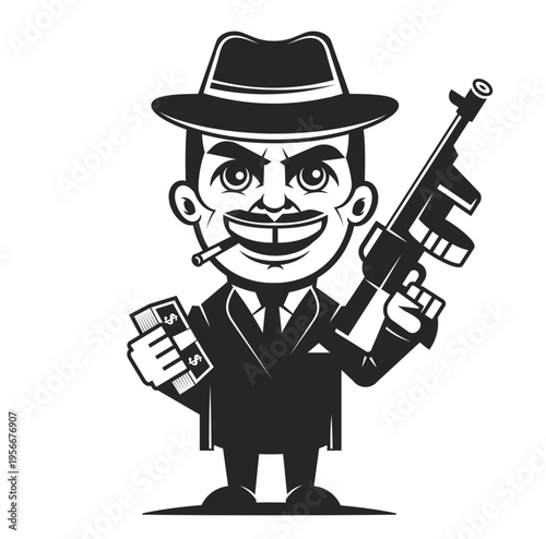 mafia gangster in hat with gun and money, vector, logo, cartoon, mascot, character illustration