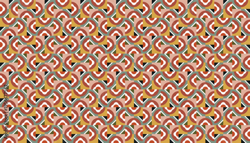 Retro 70s inspired seamless pattern for fabric and wallpaper. Geometric abstract background with terracotta and mustard colors