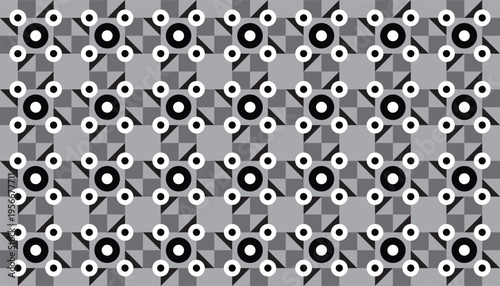 Abstract monochromatic vector pattern featuring repetitive circular elements and architectural shapes