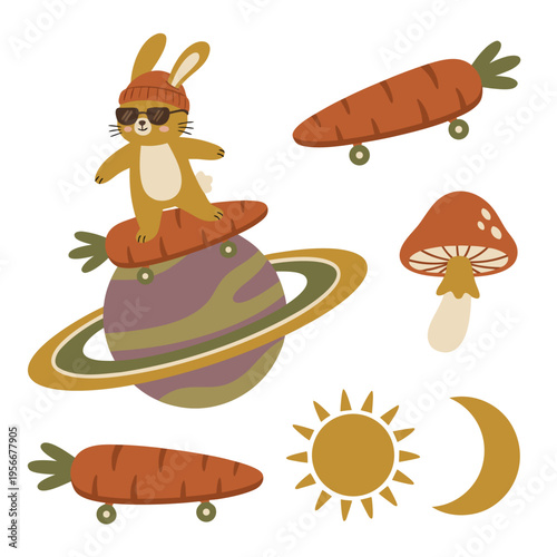Cute cartoon bunny on a skateboard riding a planet with carrots and celestial bodies.
