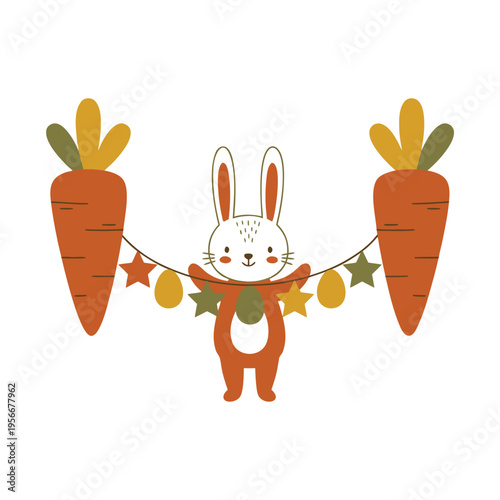 Cute Easter Bunny Holding a Garland Between Two Carrots.