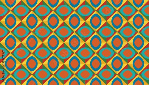 Retro geometric seamless pattern with orange teal and yellow eye shaped motifs