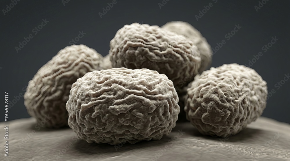 Fototapeta premium Close up of a textured, grey spherical object on a grey surface, soft lighting.