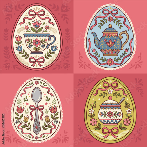 Easter Egg Designs with Teacup, Teapot, Spoon, and Jam Jar.
