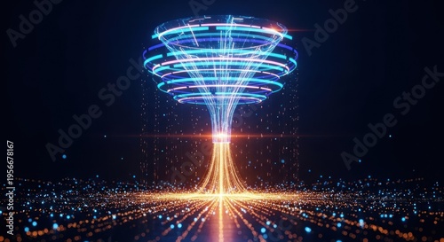 A glowing light beam rises from a cityscape at night forming a funnel shaped structure.