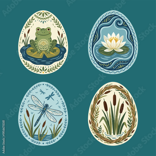 Four Easter Eggs Decorated with Nature Motifs.