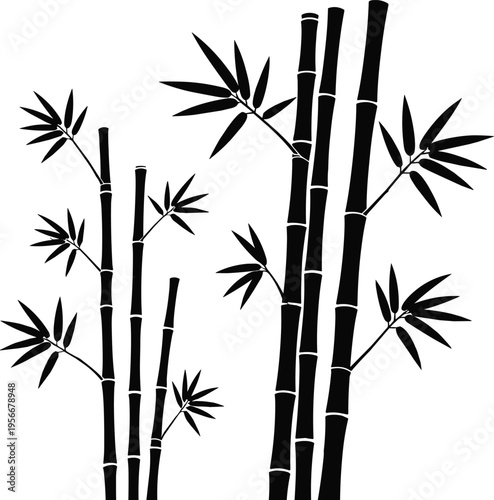 Web"Black silhouette illustration of bamboo stalks with leaves in minimalist style, showcasing natural vegetation, botanical artwork, Asian-inspired design, and decorative landscape elements"