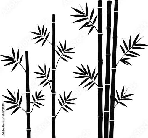 We"Black silhouette illustration of five bamboo stalks with leaves arranged in natural grouping, showcasing botanical artwork, Asian-inspired vegetation design, decorative landscape elements