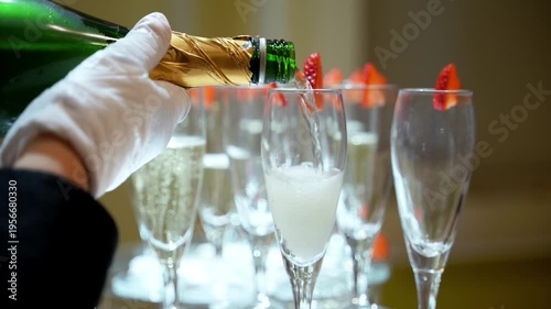 Close up of a gloved hand pouring champagne into elegant glasses prepared with strawberries for celebration or event.