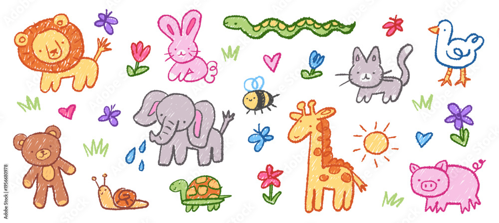 Fototapeta premium Set of cute colorful domestic farm and wild zoo, forest animals and insects childish chalk drawing