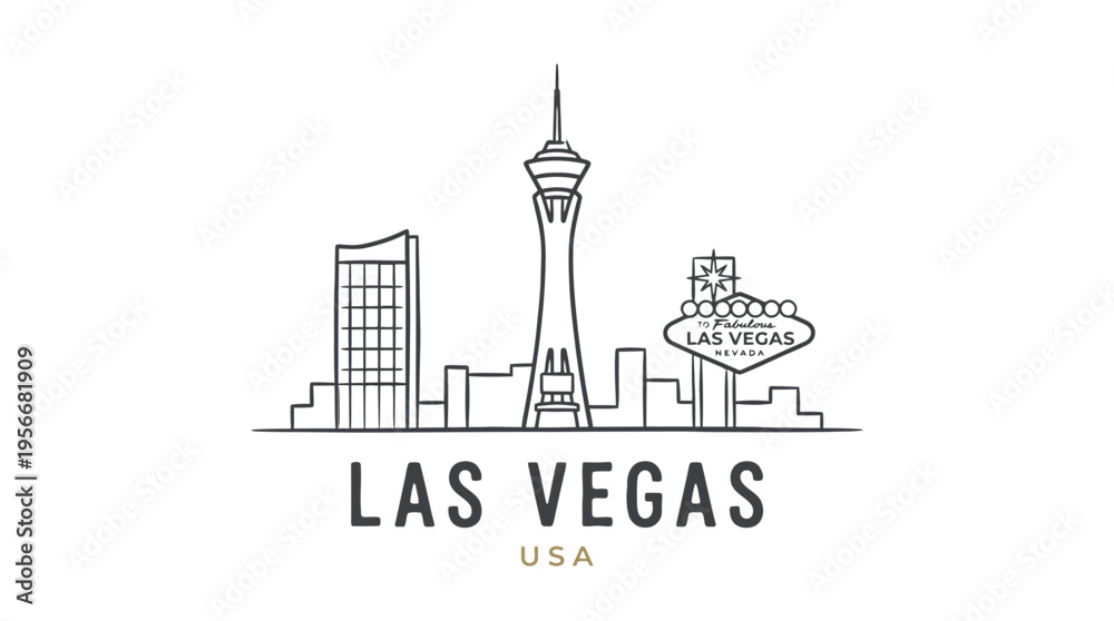 Fototapeta premium Minimalist Line Drawing Depicting the Iconic Las Vegas Skyline Featuring the Stratosphere and Famous Signs