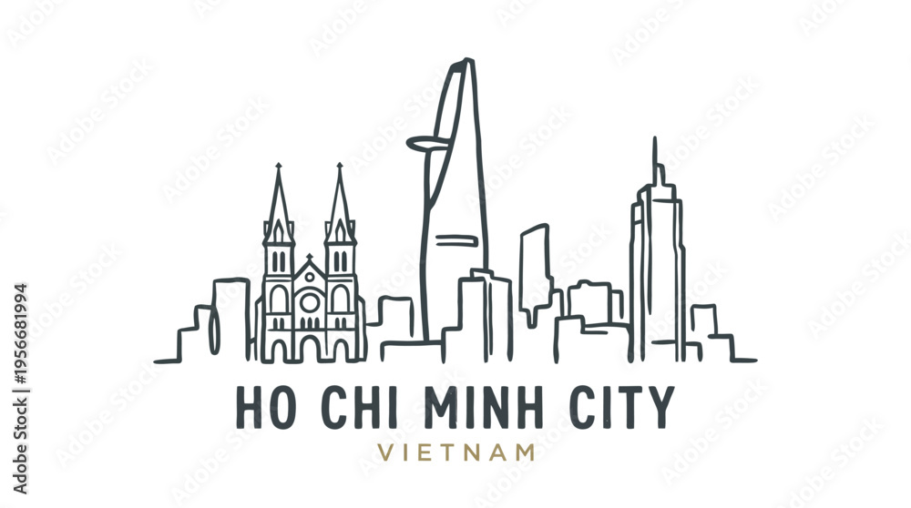 Fototapeta premium Minimalist line art illustration of Ho Chi Minh City skyline highlighting key landmarks and iconic modern architecture in Vietnam