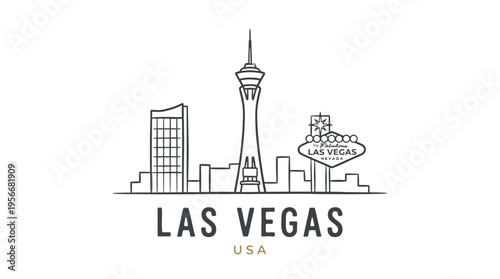 Minimalist Line Drawing Depicting the Iconic Las Vegas Skyline Featuring the Stratosphere and Famous Signs