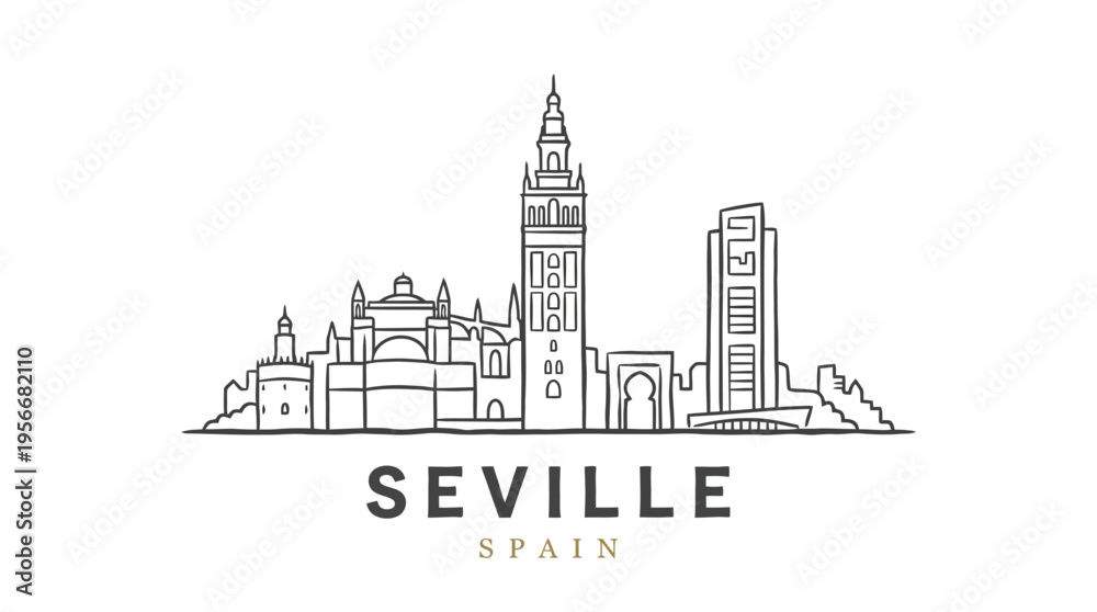 Fototapeta premium Minimalist Line Drawing of Seville Featuring Historic Cathedral and Modern Skyline