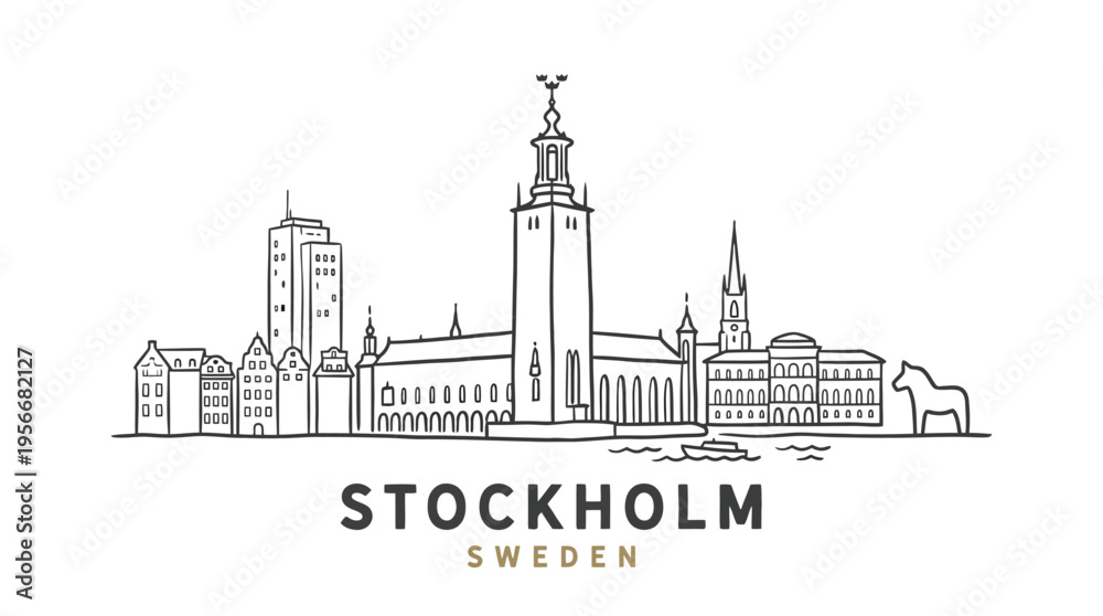 Naklejka premium Minimalistic Black and White Line Art Illustration of Stockholm Sweden City Skyline with Famous Landmarks and Harbors