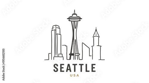 Minimalist black and white line art depiction of Seattle skyline featuring iconic landmarks and cityscape silhouette for travel