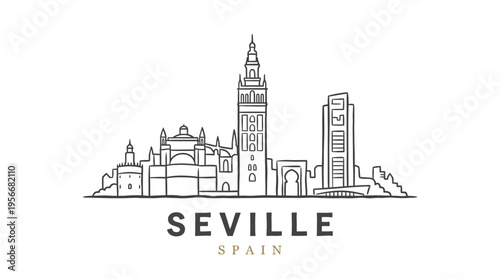 Minimalist Line Drawing of Seville Featuring Historic Cathedral and Modern Skyline