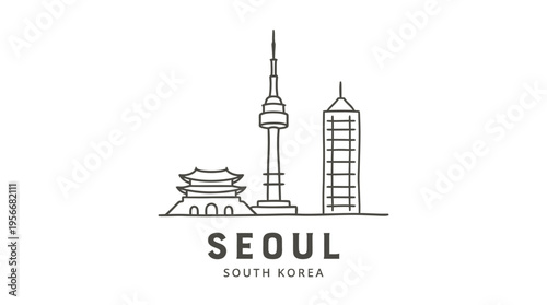 Minimalist Line Art Illustration of Seoul Skyline Featuring Iconic Towers and Traditional Pavilion