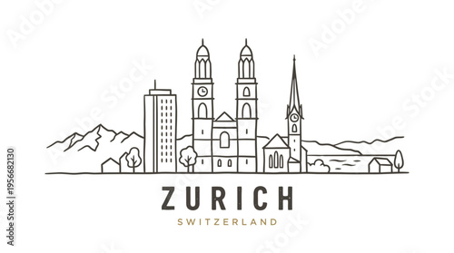 Minimalist line art depicting the scenic skyline of zurich with iconic churches and mountain backdrop emphasizing architectural