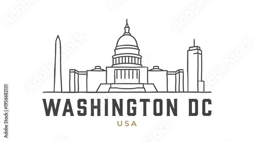 Minimalist Line Drawing of Washington DC Landmarks Including the Capitol and City Skyline