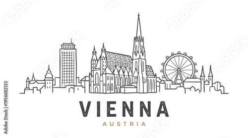 Stylized black and white line drawing of Vienna Austria skyline featuring historic architecture and modern city landmarks