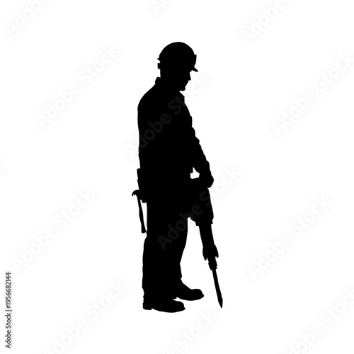 Construction worker silhouette with jackhammer, vector illustration